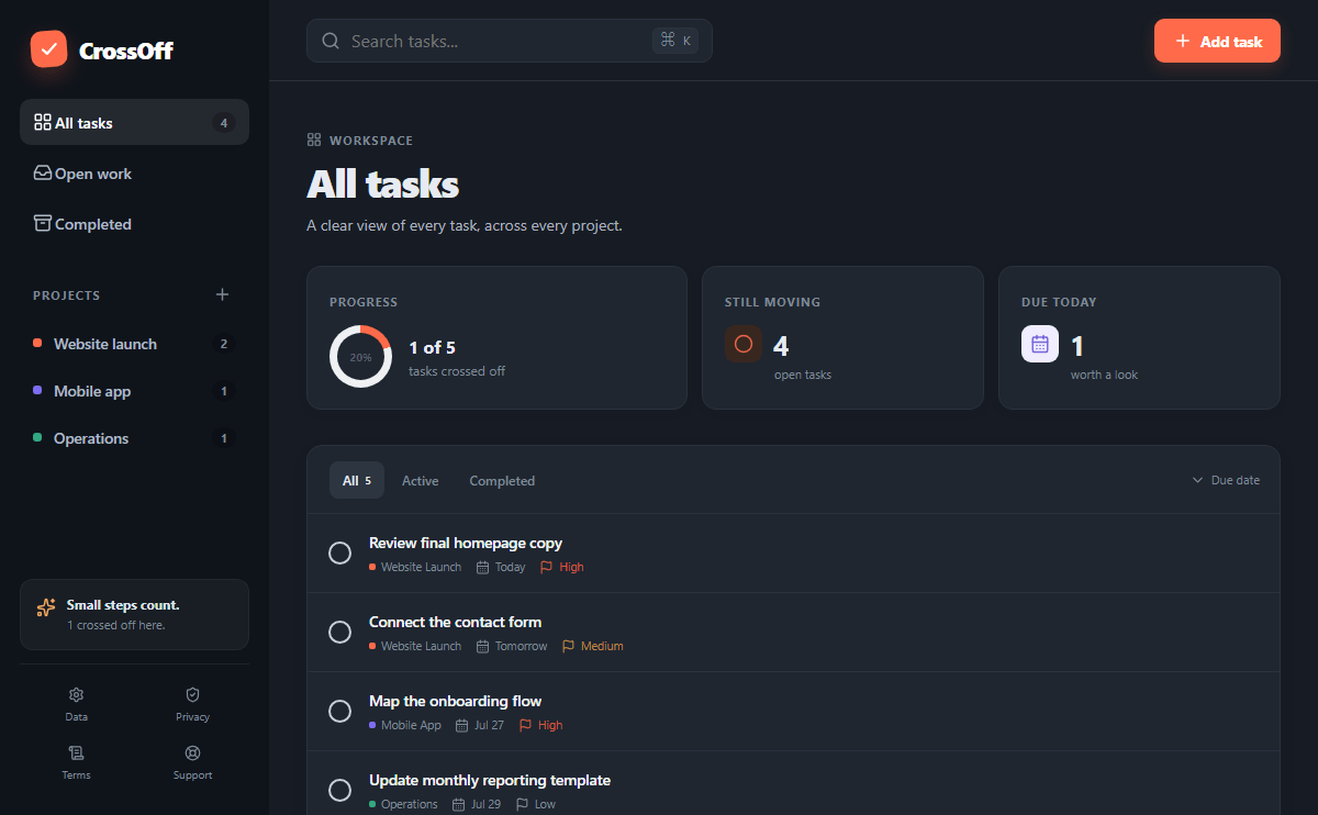 The CrossOff app in dark mode, showing projects and tasks on a deep navy background