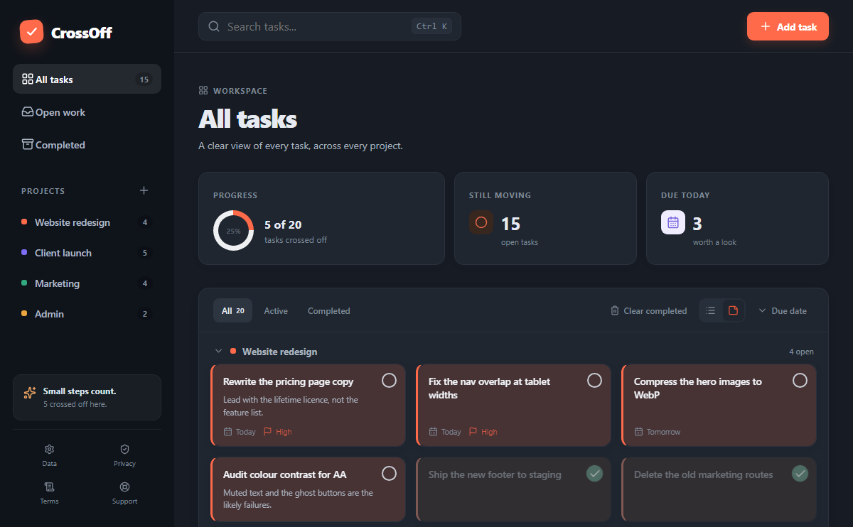 The CrossOff board view in dark mode, showing colour-coded task cards on a deep navy background